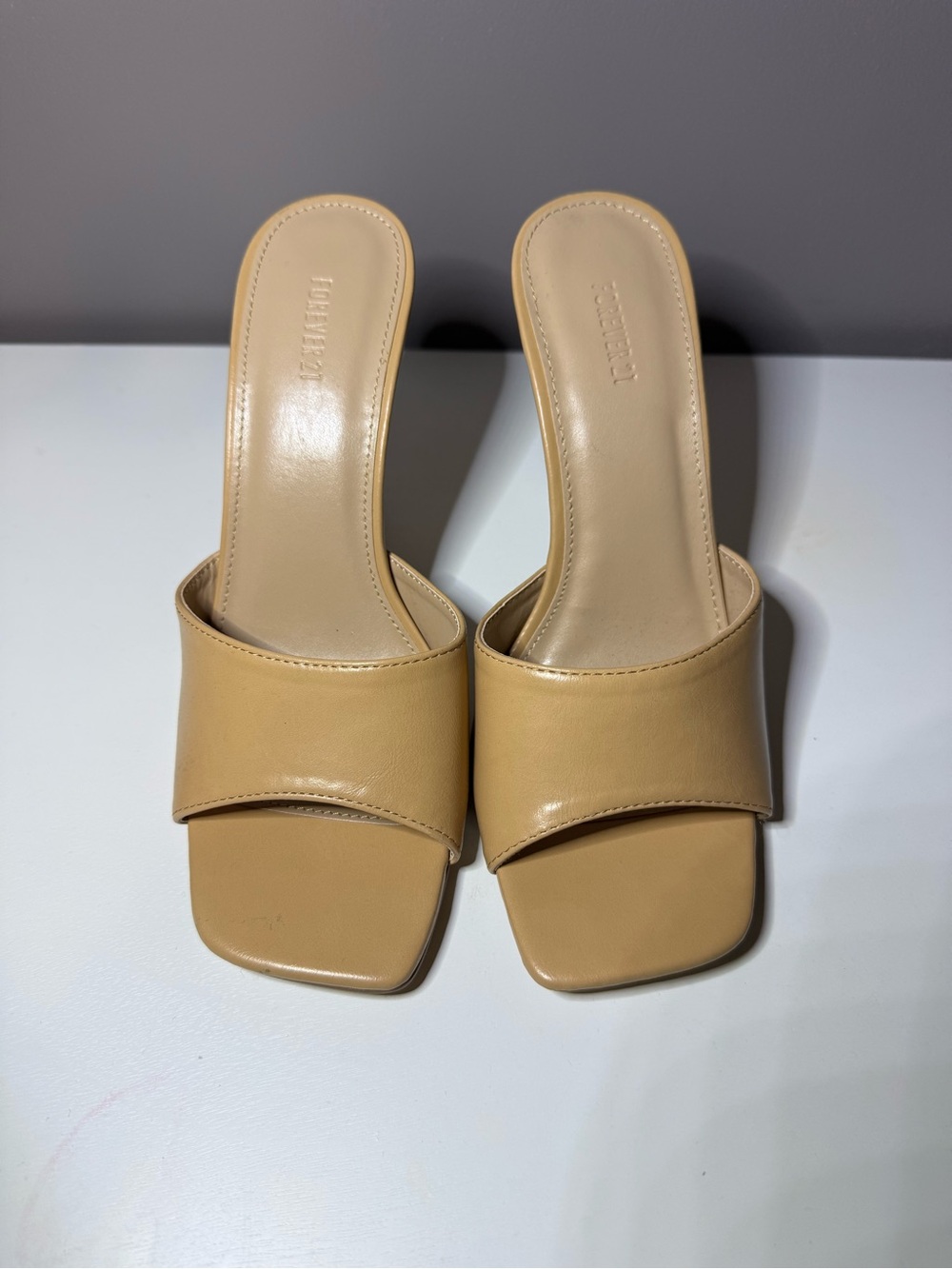 Forever 21 Tan Square-Toe Slide Heels